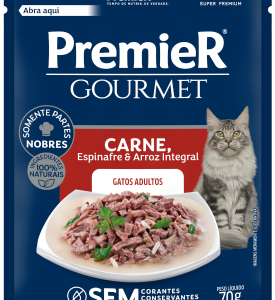 Ração Úmida Premier Gourmet para Gatos Adultos Sabor Carne, Espinafre e Arroz Integral 70 g