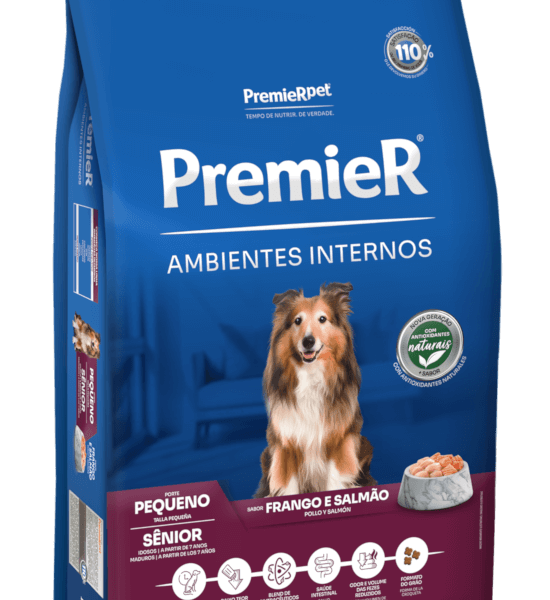 Ração Premier Ambientes Internos Cães Sênior Raças Pequenas Sabor Frango e Salmão 12 kg