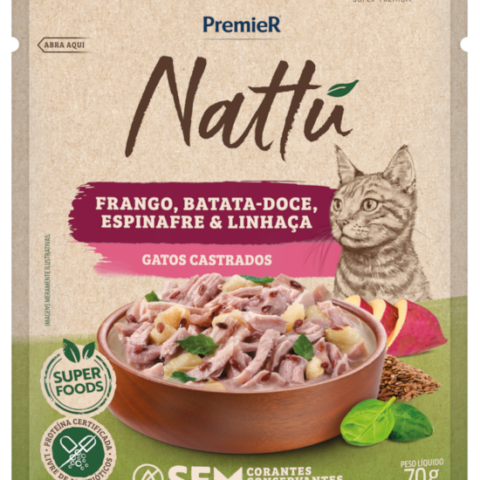 Ração Úmida Premier Nattu para Gatos Castrados Sabor Frango, Batata-Doce, Espinafre e Linhaça 70 g