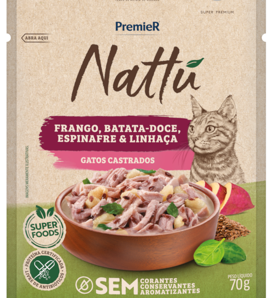 Ração Úmida Premier Nattu para Gatos Castrados Sabor Frango, Batata-Doce, Espinafre e Linhaça 70 g