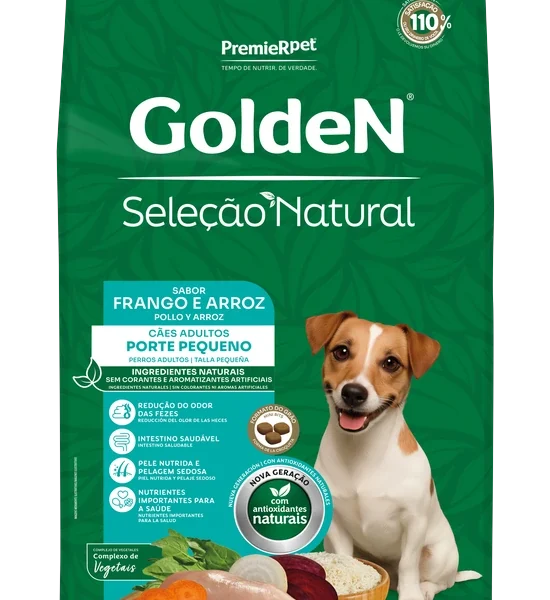 Ração Golden Seleção Natural Cães Adultos Porte Pequeno Frango e Arroz Mini Bits