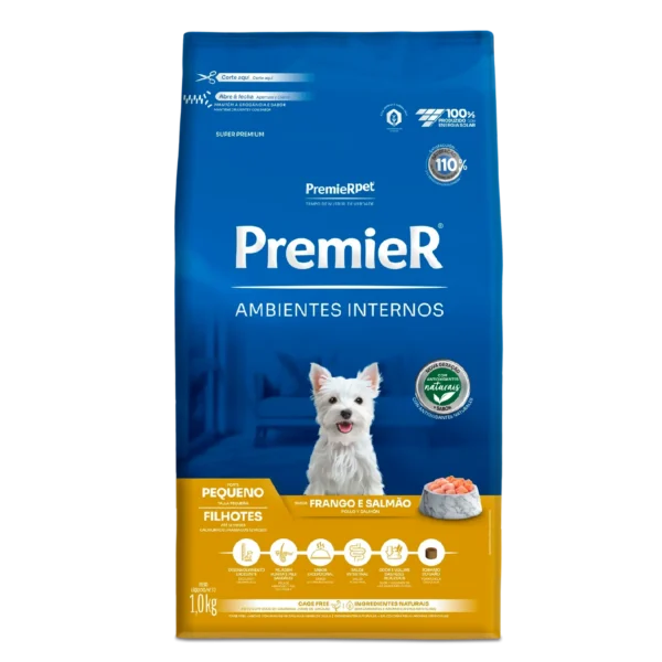 Ração Premier Ambientes Internos Cães Filhotes Raças Pequenas Sabor Frango e Salmão