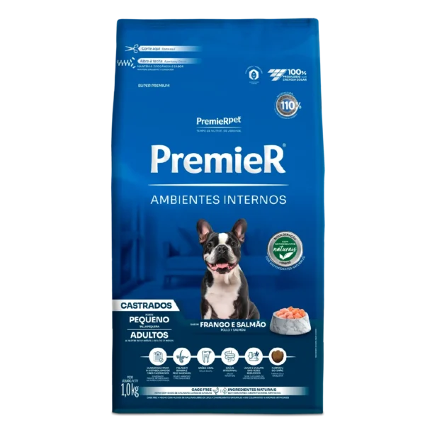 Ração Premier Ambientes Internos Cães Castrados Adultos Porte Pequeno  Frango e Salmão
